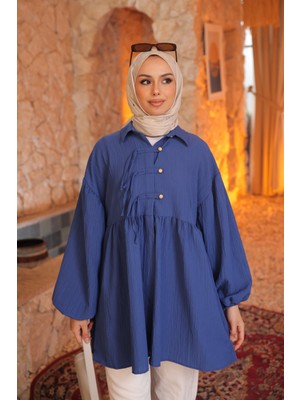 İmaj Butik Saks Mavi Kol Lastikli Önü Düğmeli Biyeli Tunik