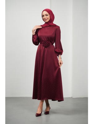İmaj Butik Bordo Çiçek Kemerli Taşlı Saten Abiye