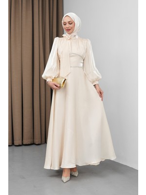 İmaj Butik Bej Yakası Fiyonklu Beli Taş Detaylı Balon Kol Abiye