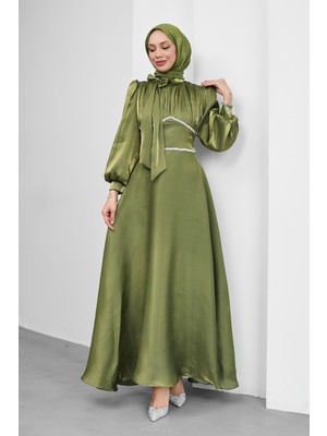 İmaj Butik Koyu Yağ Yeşili Yakası Fiyonklu Beli Taş Detaylı Balon Kol Abiye