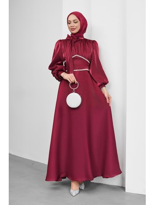 İmaj Butik Bordo Yakası Fiyonklu Beli Taş Detaylı Balon Kol Abiye