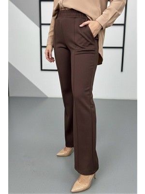 İmaj Butik Kahverengi Bel Lastikli Çimalı Scuba Pantolon