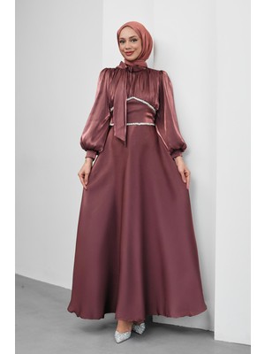 İmaj Butik Mürdüm Yakası Fiyonklu Beli Taş Detaylı Balon Kol Abiye