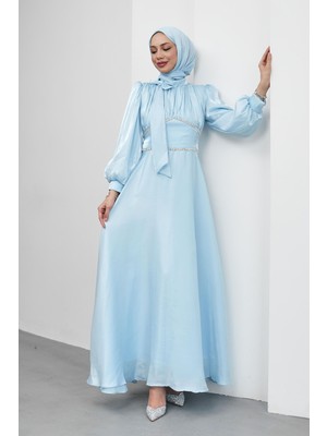 İmaj Butik Bebe Mavi Yakası Fiyonklu Beli Taş Detaylı Balon Kol Abiye