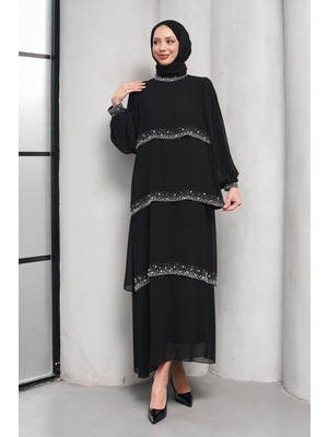 İmaj Butik Siyah Yakası ve Katları Taş Detaylı Şifon Abiye
