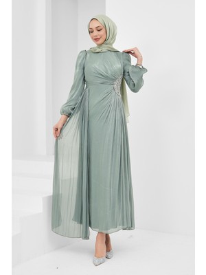 İmaj Butik Mint Yeşili Kolu Lastikli Taş Detaylı Abiye