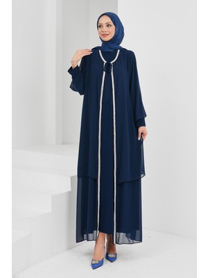 İmaj Butik Lacivert Ön Bağlamalı Taşlı Abaya Takım