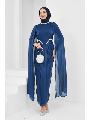 İmaj Butik Lacivert Önü Drapeli Taşlı Abiye