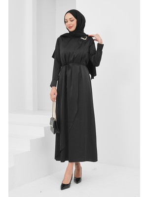 İmaj Butik Siyah Yaka Tokalı Saten Abiye