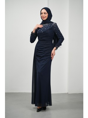 İmaj Butik Lacivert Önü Drapeli Taşlı Abiye