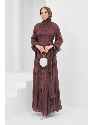 İmaj Butik Gül Kurusu Önü Drapeli Kol Bağlamalı Abiye