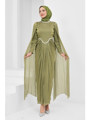 İmaj Butik Yağ Yeşili Önü Drapeli Taşlı Abiye