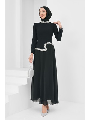 İmaj Butik Siyah Asimetrik Detaylı Taşlı Abiye
