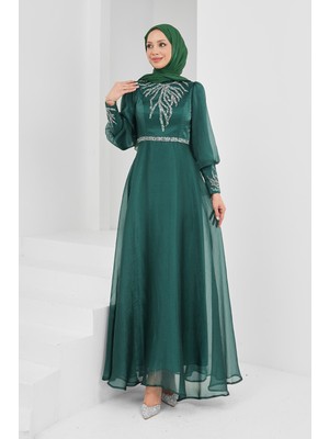 İmaj Butik Zümrüt Yeşili Önü Taşlı Abiye