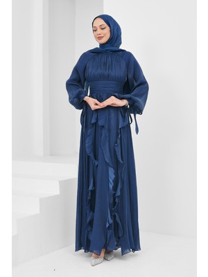 İmaj Butik Lacivert Önü Drapeli Kol Bağlamalı Abiye