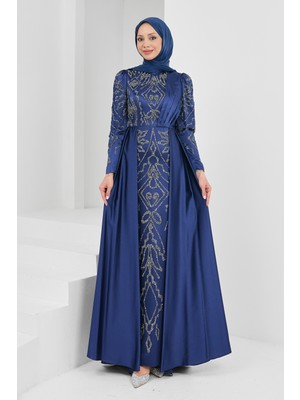 İmaj Butik Lacivert Önü Taşlı Saten Abiye