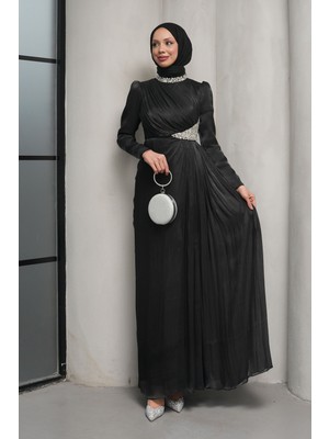 İmaj Butik Siyah Yaka Bel Taşlı Abiye