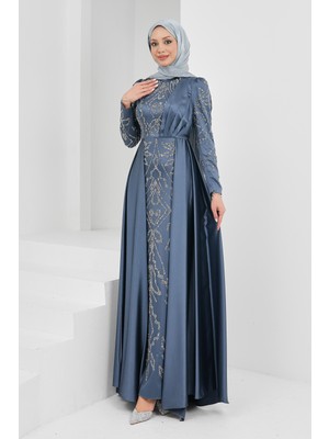 İmaj Butik Füme Önü Taşlı Saten Abiye