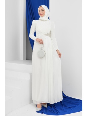 İmaj Butik Ekru Yaka Bel Taşlı Abiye