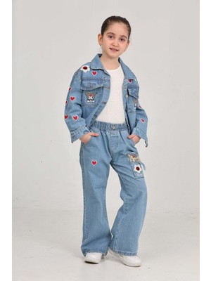 Canan Çakmak Kız Çocuk Kalp ve Çiçek Işlemeli Kot Takım