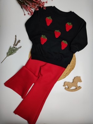 Moda Rüyası Çilekli Siyah Sweatshirt Kırmızı Tayt Alt Üst Kız Çocuk Takımı