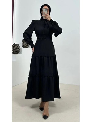 Tesettür Diyarı Bel Kısmı Gipeli Keten Tesettür Elbise- Siyah