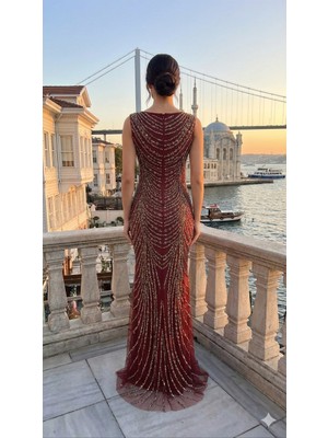 Uzer Kristal Taş ve Payet Baskılı Vücudu Saran Kuruklu Özel Seri Gece Elbisesi,abiye Elbise
