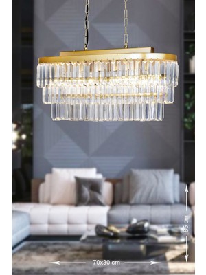 Normadia 70X30 cm Kristal Cam Taşlı Yemek Masası Üstü ve Sarı Yaldız Avize