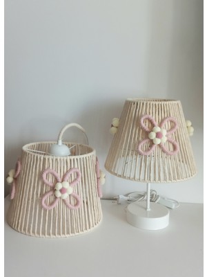 Normadia Ekru Makrome Ip Sargı Konik Tel Çiçek Abajur Seti (3) Kız Bebek ve Çocuk Odası