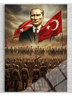 Baskı Perisi Atatürk Büyük Portre Türk Bayrağı ve Askerler Epik Renkli Dikey Kırılmaz Cam Tablo 154