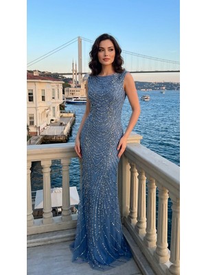 Uzer Kristal Taş ve Payet Baskılı Vücudu Saran Kuruklu Özel Seri Gece Elbisesi,abiye Elbise