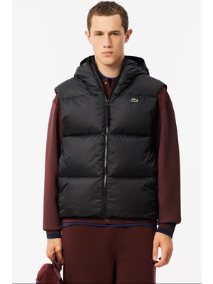 Lacoste Men's Water-Repellent Puffer Vest Kaz Tüyü Dolgu Sabit Kapüşonlu Suitici Yelek Siyah