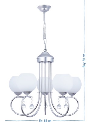 Normadia Şık 5'li Lüx Camlı Avize, Gümüş Renkli Modern Tasarım