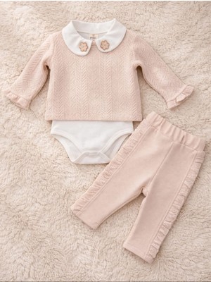 Butik Kız Bebek %100 Pamuklu Alt - Üst 3'lü Takım Triko Kazaklı