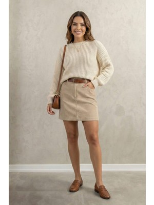 Stella Pulvis Ekru Fitilli Kadife 5 Cepli Mini Etek