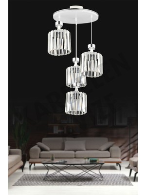 Normadia Beyaz 4'lü Sarkıt Krom Şeritli Kristal Taşlı Aşağı Bakan Avize