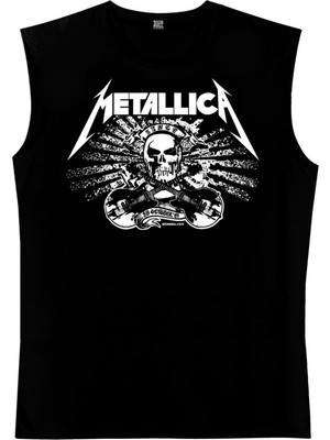 Rock&Roll Metallica Kurukafa Siyah Kesik Kol Kolsuz T-Shirt Atlet