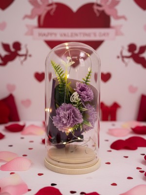 Dörtel Tedarik Çiçekli Işıklı Cam Fanus Sevgili Hediyeleri