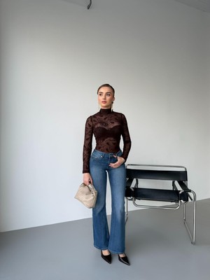 Elaxi Kadın Dik Yaka Transparan Flok Şal Desen Baskılı Tül Bluz