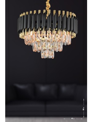 Normadia Şık Prizma Kesim Kristal Taşlı Siyah Gold Avize, Lüks ve Modern Tasarım