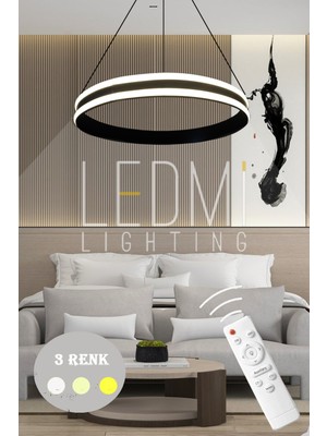 Normadia Modern 50CM Yuvarlak Siyah LED Avize, 3 Renk Aydınlatma, Kumandalı