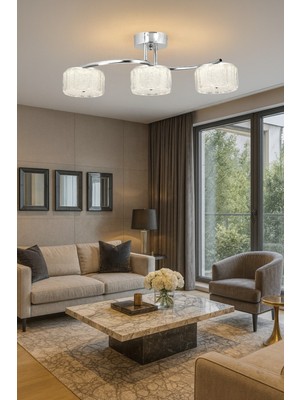 Normadia Mercan 3’lü Sıralı Şeker Camlı Modern LED Avize, Salon, Mutfak, Yatak Odası