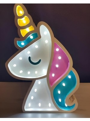 GHY Ahşap Dekoratif Işıklı Unicorn At Çocuk Odası Masa Süsü Biblo (15X30 Cm)