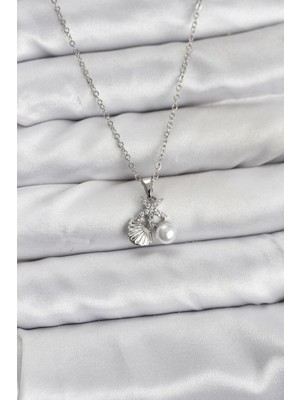 Callerrons Accessories Zincir Gümüş Renk Deniz Kabuğu ve Deniz Yıldızı Model Zirkon Taşlı Kadın Kolye - EBJ260130W39267