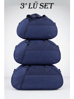 Kaff Lacivert 3'lü Set D Valiz Önü Cepli Ayarlanabilir Omuz Askılı El Seyahat Spor Çantası