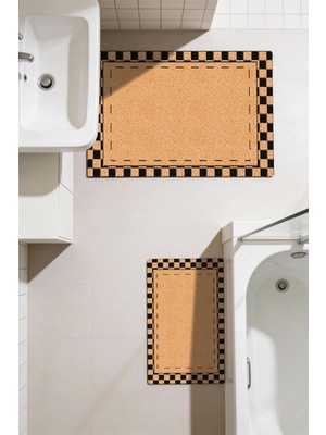 Kilim Home Punto Jüt Görünümlü Siyah Dama Desenli Dijital Baskılı Kaymaz Ikili Banyo Paspas Takımı 40X60 60X100