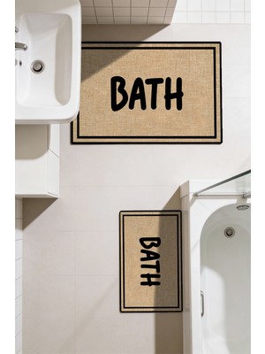 Kilim Home Punto Jüt Görünümlü Siyah Çizgili Bath Yazılı Dijital Baskılı Ikili Banyo Paspas Takımı 40X60 60X100