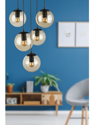 Normadia Şık Siyah Bal Camlı 5'li Avize, Modern ve Zarif Tasarım