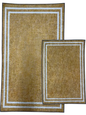 Kilim Home Punto Jüt Görünümlü Beyaz Çizgi Dijital Baskı Yıkanan Kaymaz Ikili Banyo Paspas Takımı 40X60 60X100