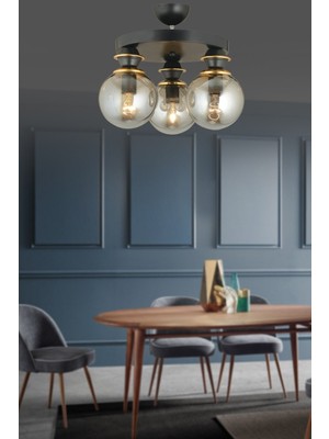 Normadia Siyah 3'lü Plafonyer Füme Camlı Aşağı Bakan Lüks Avize